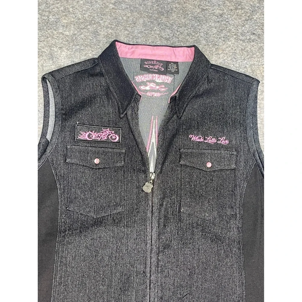 WOMEN'S‎ MOTORCYCLE WHOLE LOTTA LOVE DENIM SLEEVELESS ZIPPERED EMBROIDERED XL